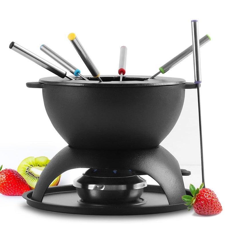 Artestia Cast Iron Cheese Fondue Set 11-Piece with Adjustable Burner, 6 Colored Forks, 5-Cup Red Swiss Fondue Set for Cheese, Chocolate, Caramel, Meat â€“ Family Size 4-6 Persons - Image 1